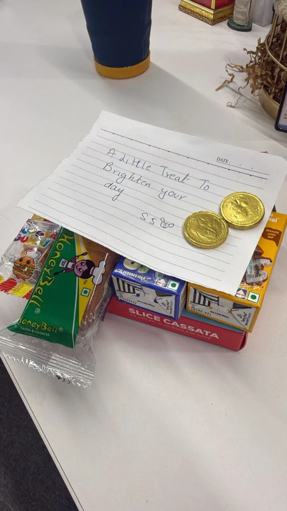 Colleague revealing a gift